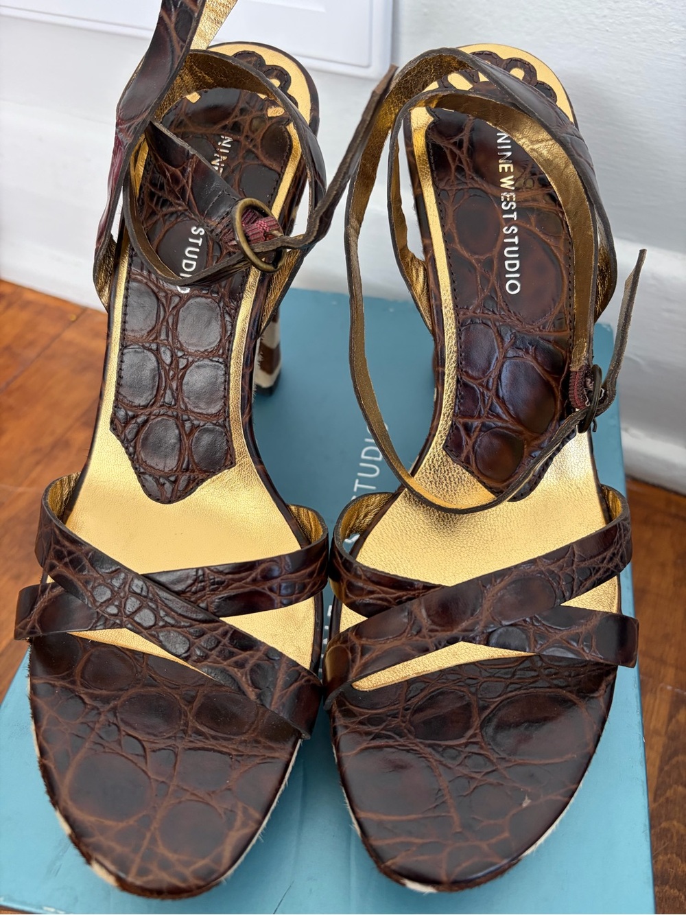 Nine West Brown Croc-Embossed Strappy Heels with Gold Footbed